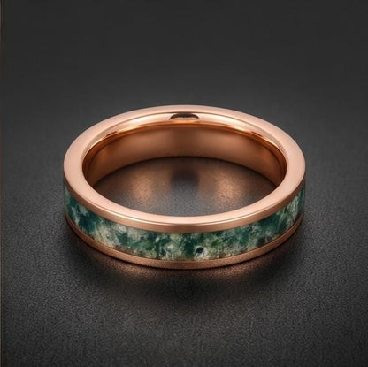Moss Agate Ring, Rose Gold Tungsten Ring, Rose Gold Wedding Ring, Mens Wedding Band, Womens Ring, Anniversary Ring, Engagemen