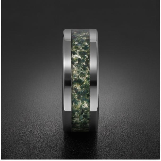 Moss Agate Ring, Silver Tungsten Ring, Silver Wedding Ring, Mens Wedding Band, Womens Ring, Anniversary Ring, Engagement Ring