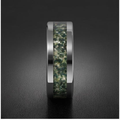 Moss Agate Ring, Silver Tungsten Ring, Silver Wedding Ring, Mens Wedding Band, Womens Ring, Anniversary Ring, Engagement Ring