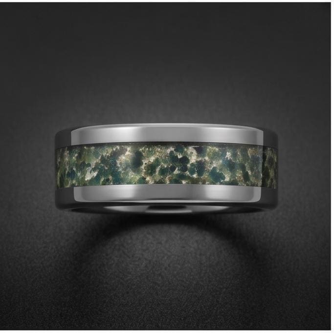Moss Agate Ring, Silver Tungsten Ring, Silver Wedding Ring, Mens Wedding Band, Womens Ring, Anniversary Ring, Engagement Ring
