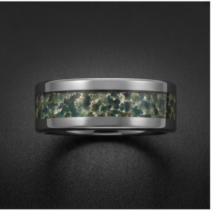 Moss Agate Ring, Silver Tungsten Ring, Silver Wedding Ring, Mens Wedding Band, Womens Ring, Anniversary Ring, Engagement Ring