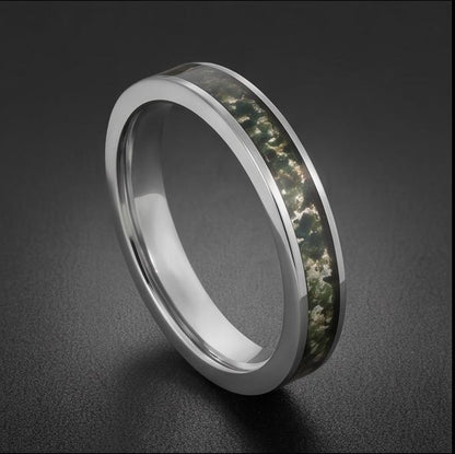 Moss Agate Ring, Silver Tungsten Ring, Silver Wedding Ring, Mens Wedding Band, Womens Ring, Anniversary Ring, Engagement Ring