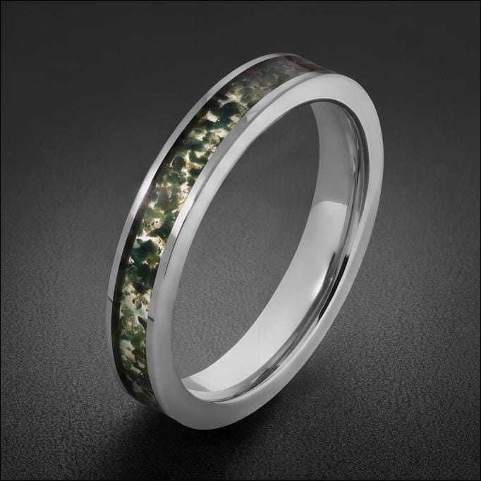 Moss Agate Ring, Silver Tungsten Ring, Silver Wedding Ring, Mens Wedding Band, Womens Ring, Anniversary Ring, Engagement Ring