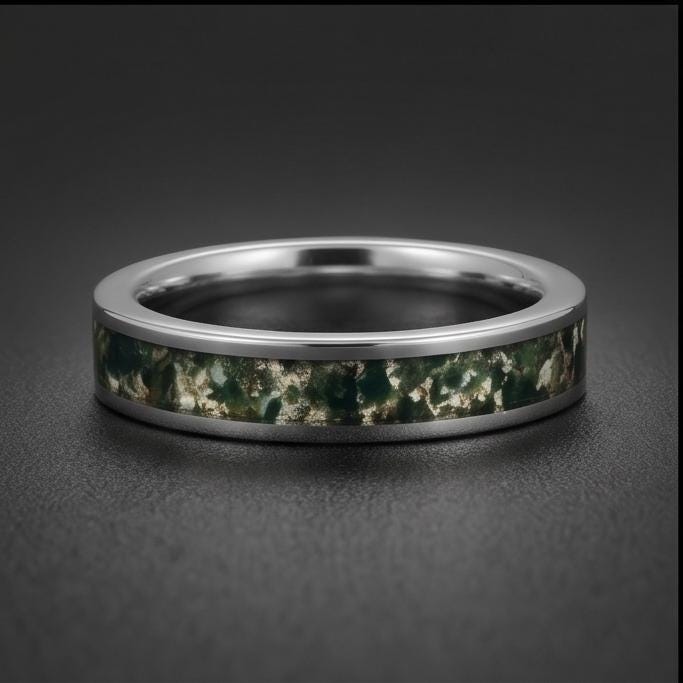 Moss Agate Ring, Silver Tungsten Ring, Silver Wedding Ring, Mens Wedding Band, Womens Ring, Anniversary Ring, Engagement Ring