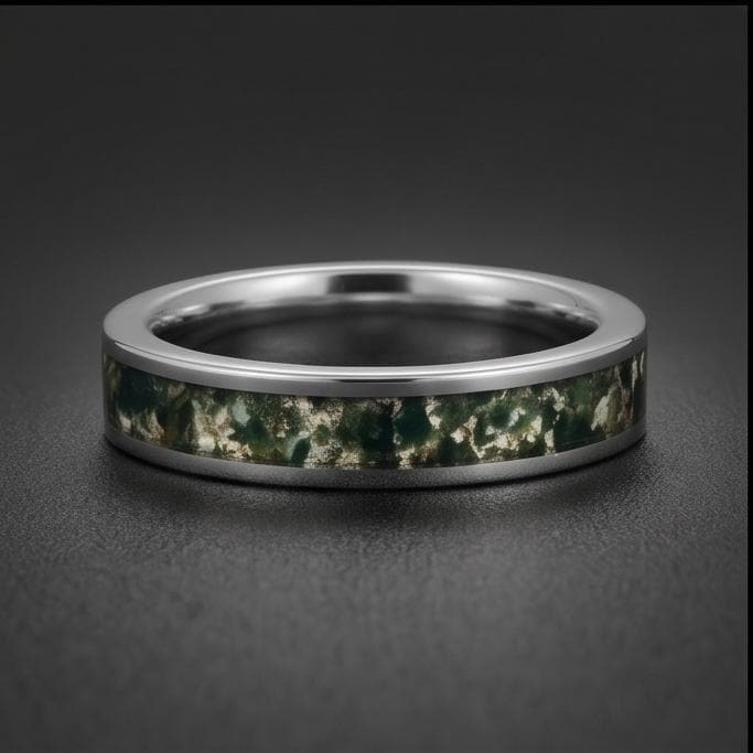 Moss Agate Ring, Silver Tungsten Ring, Silver Wedding Ring, Mens Wedding Band, Womens Ring, Anniversary Ring, Engagement Ring