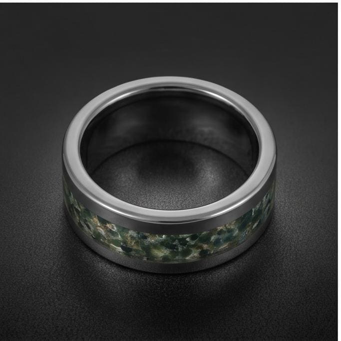 Moss Agate Ring, Silver Tungsten Ring, Silver Wedding Ring, Mens Wedding Band, Womens Ring, Anniversary Ring, Engagement Ring