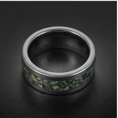 Moss Agate Ring, Silver Tungsten Ring, Silver Wedding Ring, Mens Wedding Band, Womens Ring, Anniversary Ring, Engagement Ring