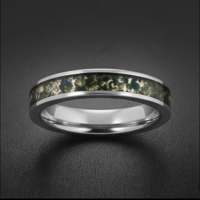 Moss Agate Ring, Silver Tungsten Ring, Silver Wedding Ring, Mens Wedding Band, Womens Ring, Anniversary Ring, Engagement Ring