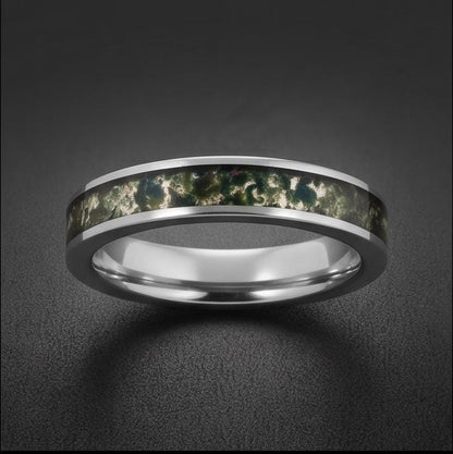Moss Agate Ring, Silver Tungsten Ring, Silver Wedding Ring, Mens Wedding Band, Womens Ring, Anniversary Ring, Engagement Ring