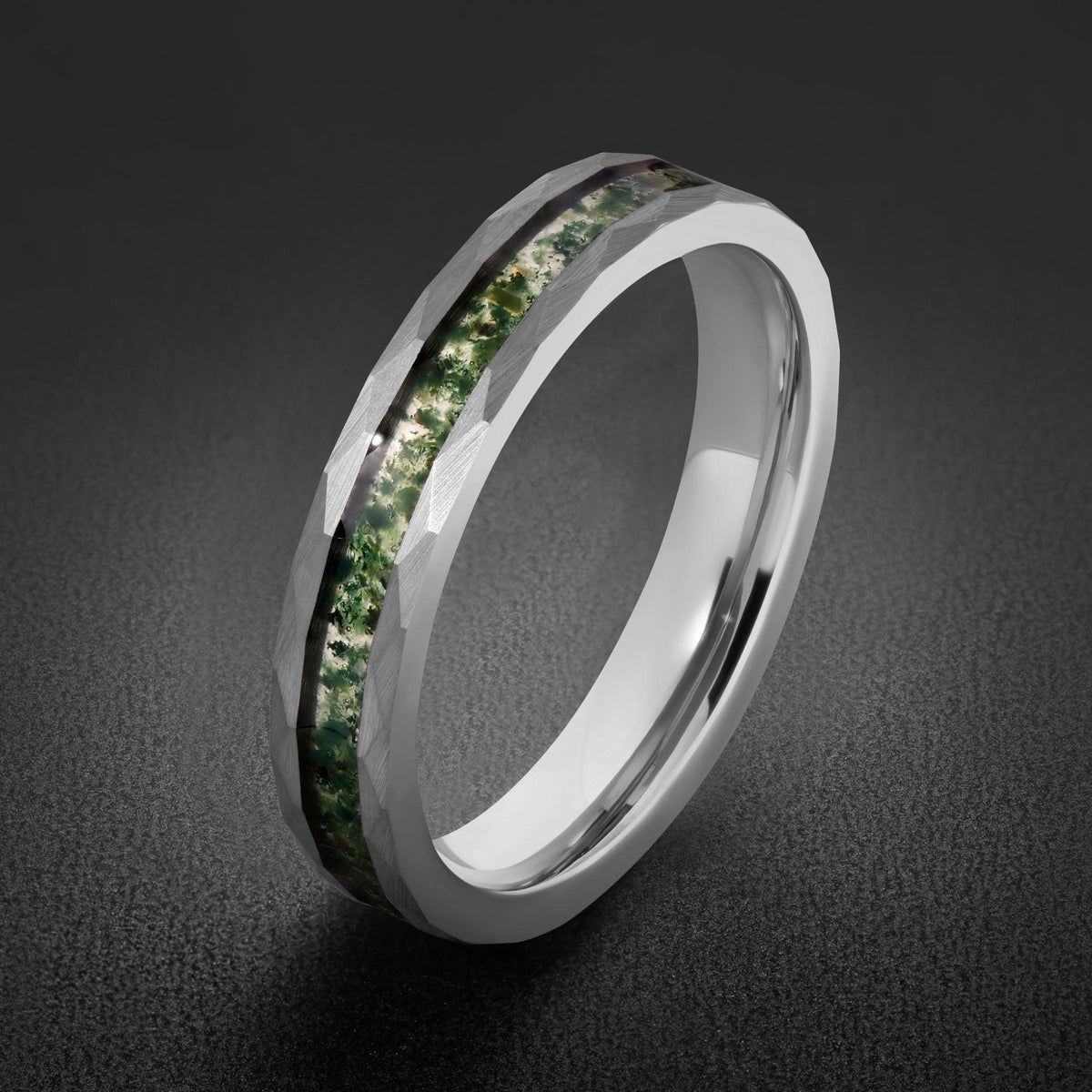 Moss agate ring, hammered silver tungsten ring, mens wedding band, womens wedding ring, anniversary gift, comfort fit, 4mm ri