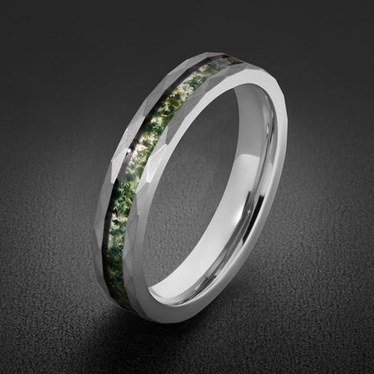 Moss agate ring, hammered silver tungsten ring, mens wedding band, womens wedding ring, anniversary gift, comfort fit, 4mm ri