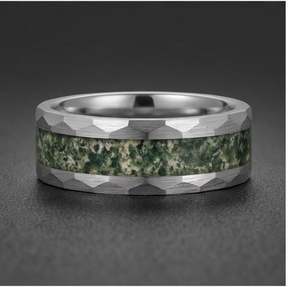 Moss agate ring, hammered silver tungsten ring, mens wedding band, womens wedding ring, anniversary gift, comfort fit, 4mm ri