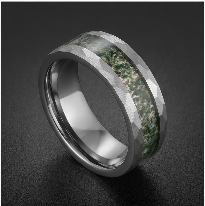 Moss agate ring, hammered silver tungsten ring, mens wedding band, womens wedding ring, anniversary gift, comfort fit, 4mm ri