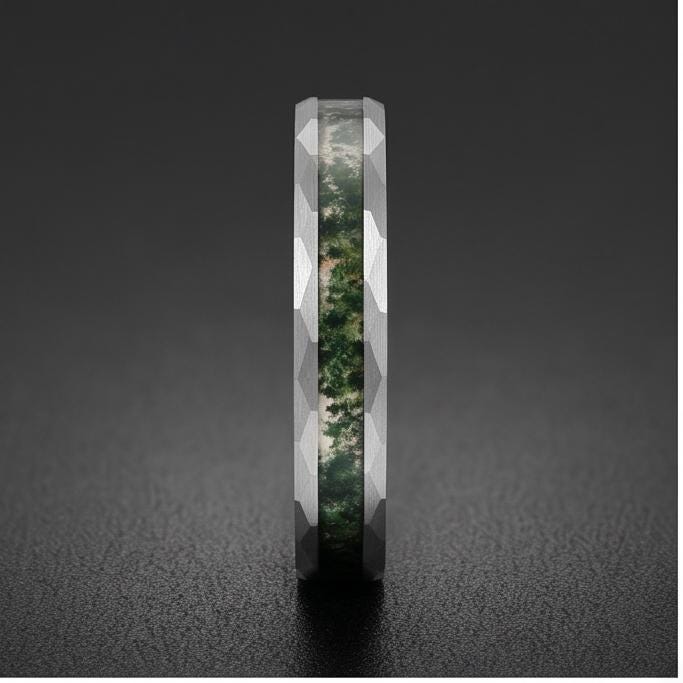 Moss agate ring, hammered silver tungsten ring, mens wedding band, womens wedding ring, anniversary gift, comfort fit, 4mm ri