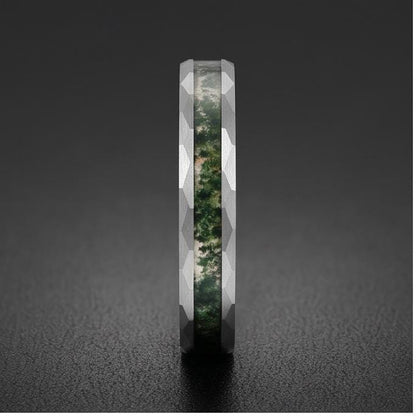Moss agate ring, hammered silver tungsten ring, mens wedding band, womens wedding ring, anniversary gift, comfort fit, 4mm ri