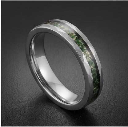 Moss agate ring, hammered silver tungsten ring, mens wedding band, womens wedding ring, anniversary gift, comfort fit, 4mm ri