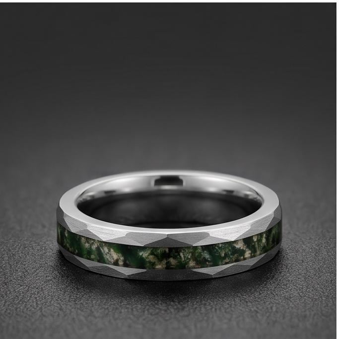 Moss agate ring, hammered silver tungsten ring, mens wedding band, womens wedding ring, anniversary gift, comfort fit, 4mm ri