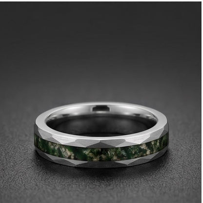 Moss agate ring, hammered silver tungsten ring, mens wedding band, womens wedding ring, anniversary gift, comfort fit, 4mm ri