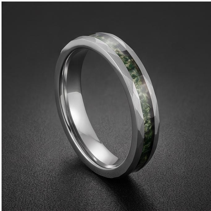 Moss agate ring, hammered silver tungsten ring, mens wedding band, womens wedding ring, anniversary gift, comfort fit, 4mm ri