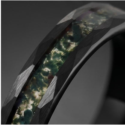 Moss Agate Ring, Hammered Tungsten Ring, Hammered Black Ring, Black Tungsten Ring, Black Wedding Ring, Mens Wedding Band, Wom