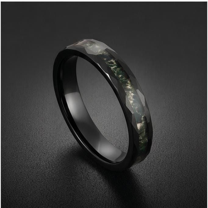 Moss Agate Ring, Hammered Tungsten Ring, Hammered Black Ring, Black Tungsten Ring, Black Wedding Ring, Mens Wedding Band, Wom