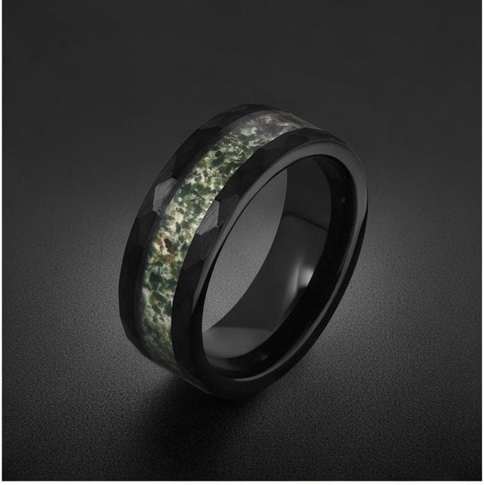 Moss Agate Ring, Hammered Tungsten Ring, Hammered Black Ring, Black Tungsten Ring, Black Wedding Ring, Mens Wedding Band, Wom