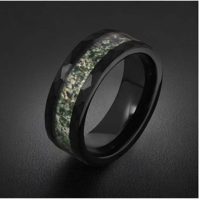 Moss Agate Ring, Hammered Tungsten Ring, Hammered Black Ring, Black Tungsten Ring, Black Wedding Ring, Mens Wedding Band, Wom