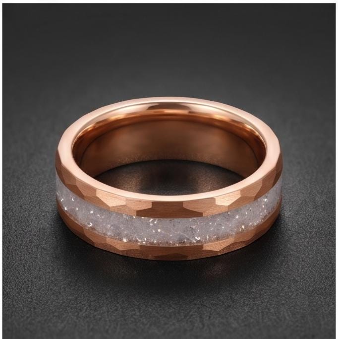 Moonstone Ring, Hammered Tungsten Ring, Hammered Rose Gold Ring, Mens Wedding Band, Womens Ring, Anniversary Ring, Engagement