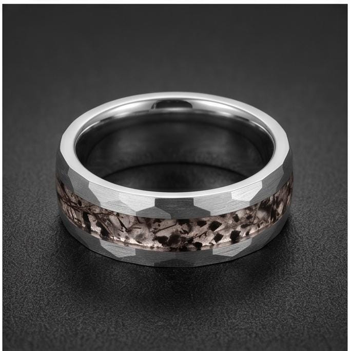Rutilated Quartz Ring, Hammered Tungsten Ring, Hammered Silver Ring, Mens Wedding Band, Womens Ring, Engagement Ring, Anniver
