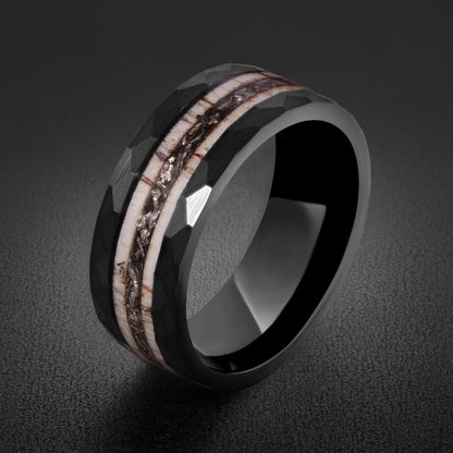 Hammered Tungsten Meteorite Deer Antler Ring ~ Black Wedding Band (8mm) ~ Hunting Mens Wedding Ring ~ Mens Anniversary Promis