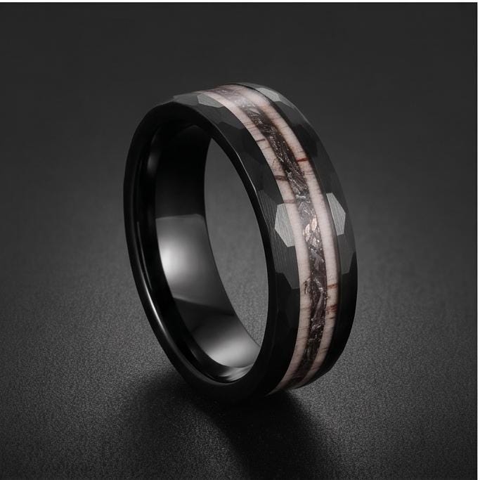 Hammered Tungsten Meteorite Deer Antler Ring ~ Black Wedding Band (8mm) ~ Hunting Mens Wedding Ring ~ Mens Anniversary Promis