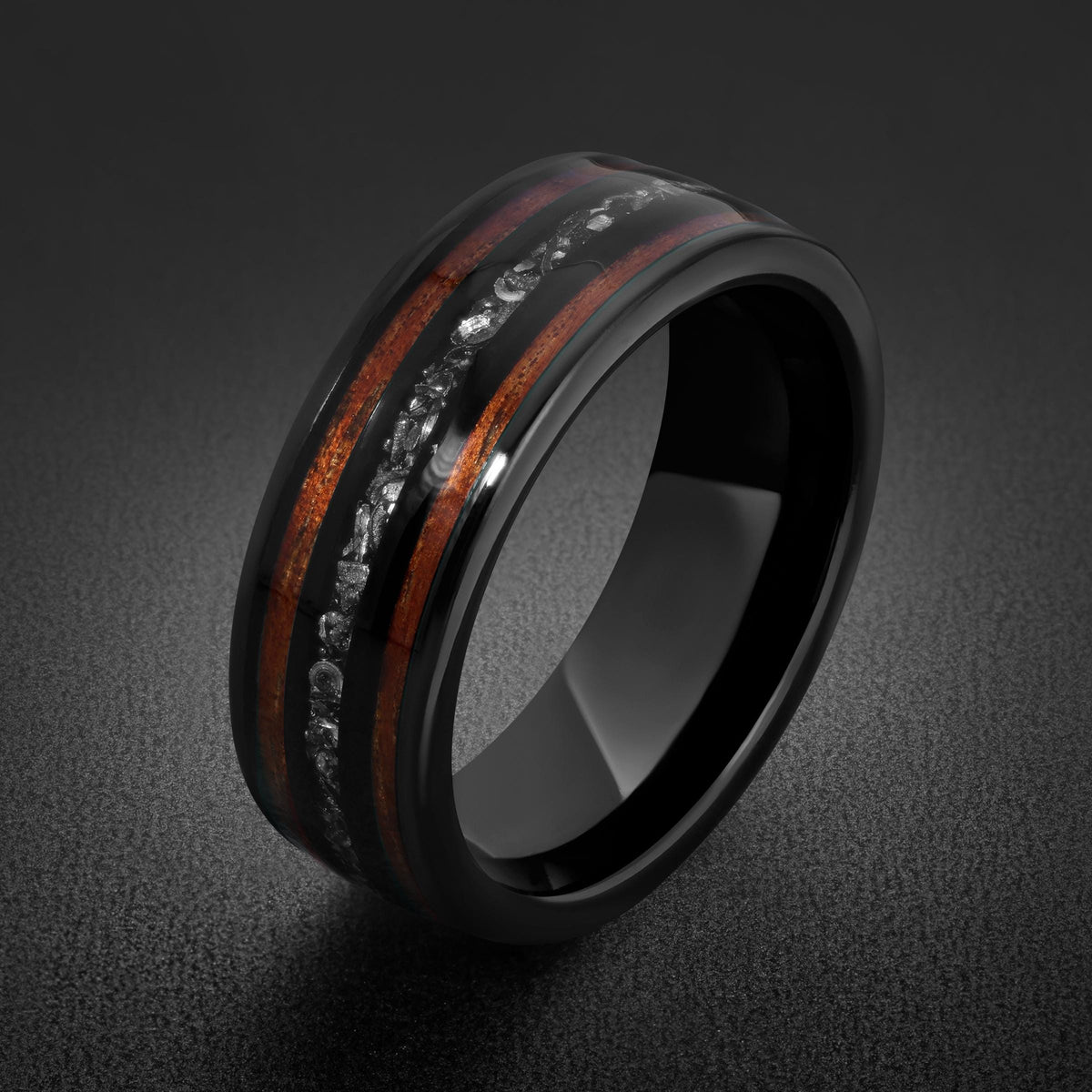 Mens Meteorite Wedding Band ~ Mens Koa Wood Ring ~ Tungsten Carbide Wedding Ring ~ Anniversary Ring 8mm Thick ~ Black Hammere