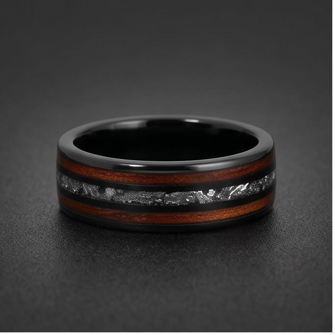 Mens Meteorite Wedding Band ~ Mens Koa Wood Ring ~ Tungsten Carbide Wedding Ring ~ Anniversary Ring 8mm Thick ~ Black Hammere