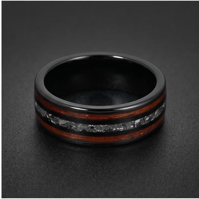 Mens Meteorite Wedding Band ~ Mens Koa Wood Ring ~ Tungsten Carbide Wedding Ring ~ Anniversary Ring 8mm Thick ~ Black Hammere