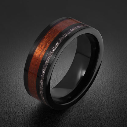 Men Black Tungsten Carbide Ring with Meteorite & Koa Wood ~ Modern Nature Groom Wedding Band ~ Earthy Wedding Anniversary Gif
