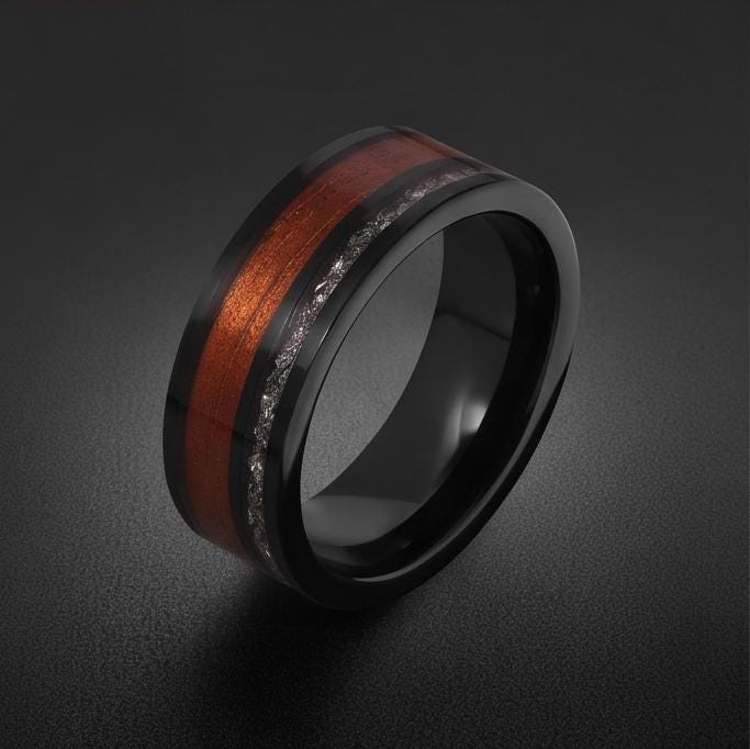Men Black Tungsten Carbide Ring with Meteorite & Koa Wood ~ Modern Nature Groom Wedding Band ~ Earthy Wedding Anniversary Gif
