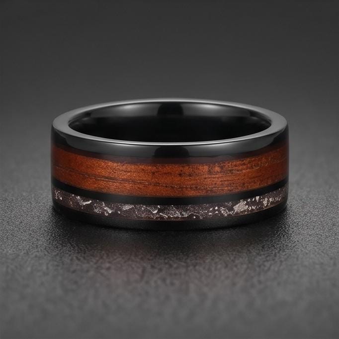 Men Black Tungsten Carbide Ring with Meteorite & Koa Wood ~ Modern Nature Groom Wedding Band ~ Earthy Wedding Anniversary Gif