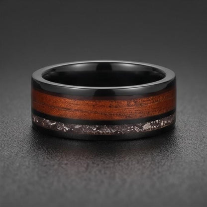 Men Black Tungsten Carbide Ring with Meteorite & Koa Wood ~ Modern Nature Groom Wedding Band ~ Earthy Wedding Anniversary Gif
