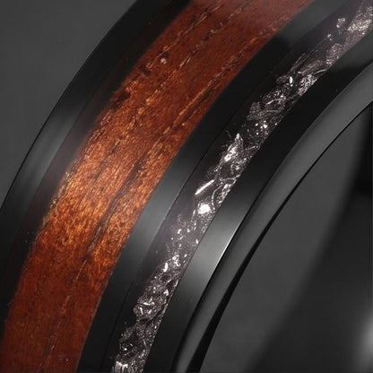 Men Black Tungsten Carbide Ring with Meteorite & Koa Wood ~ Modern Nature Groom Wedding Band ~ Earthy Wedding Anniversary Gif