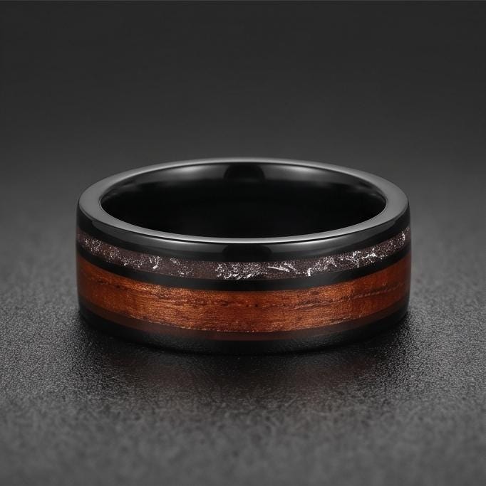 Men Black Tungsten Carbide Ring with Meteorite & Koa Wood ~ Modern Nature Groom Wedding Band ~ Earthy Wedding Anniversary Gif