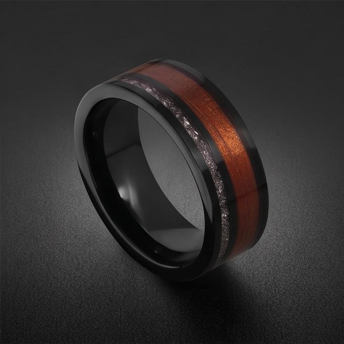 Men Black Tungsten Carbide Ring with Meteorite & Koa Wood ~ Modern Nature Groom Wedding Band ~ Earthy Wedding Anniversary Gif