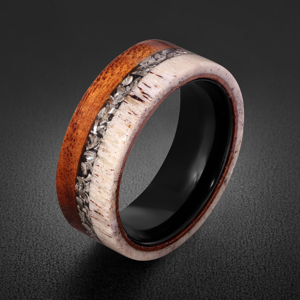 Meteorite Ring with Ironwood, Antler Ring, Black Tungsten Ring, Black Wedding Ring, Mens Wedding Band, Mens Ring, Anniversary