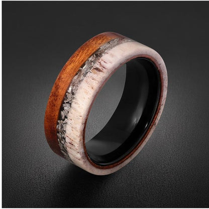 Meteorite Ring with Ironwood, Antler Ring, Black Tungsten Ring, Black Wedding Ring, Mens Wedding Band, Mens Ring, Anniversary