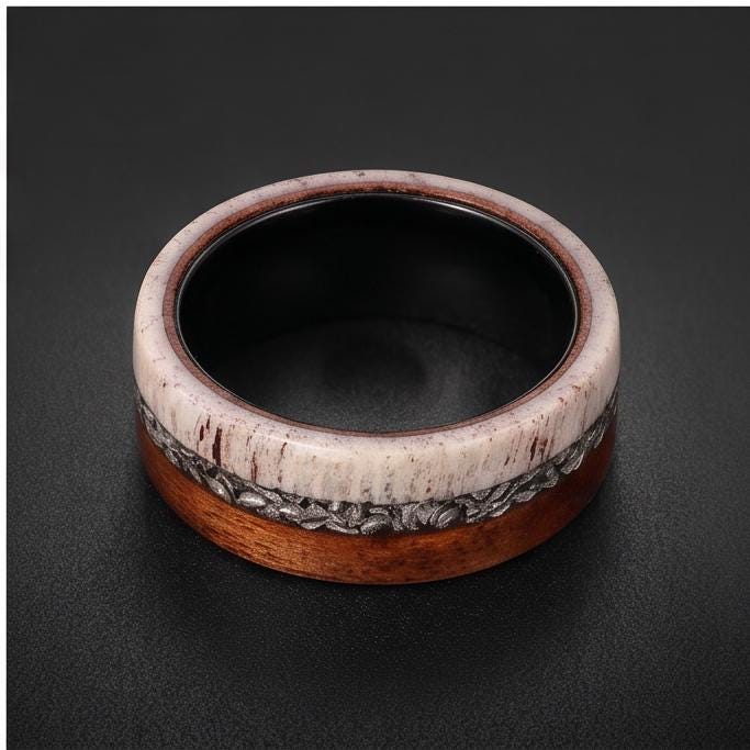Meteorite Ring with Ironwood, Antler Ring, Black Tungsten Ring, Black Wedding Ring, Mens Wedding Band, Mens Ring, Anniversary