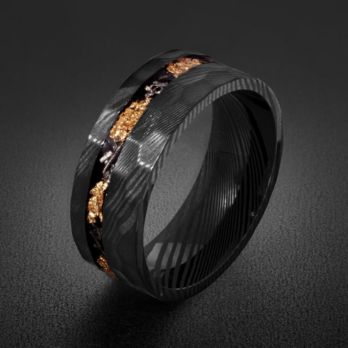 Meteorite Ring with Gold Leaves, Gold Flakes Ring, Hammered Damascus Ring, Hammered Black Ring, Black Wedding Ring, Mens Wedd