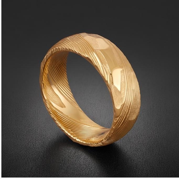 Gold Damascus Ring, Hammered Gold Ring, Gold Wedding Ring, Men Wedding Ring, Mens Ring, Anniversary Ring, Engagement Ring, 8m