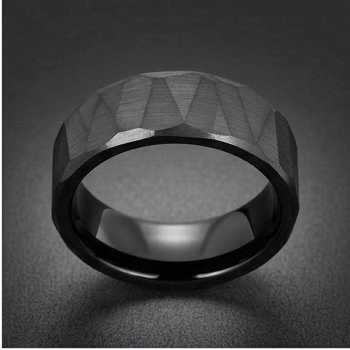 Black Hammered Tungsten Ring | Brushed 8mm Men’s Wedding Band ~ Personalized Alternative Groom Ring with Free Engraving ~ Roc
