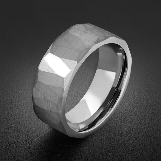 Custom Engraved 8mm Wide Silver Tungsten Ring | Personalized Hammered Wedding Band ~ Brushed Men’s Ring With Free Engraving
