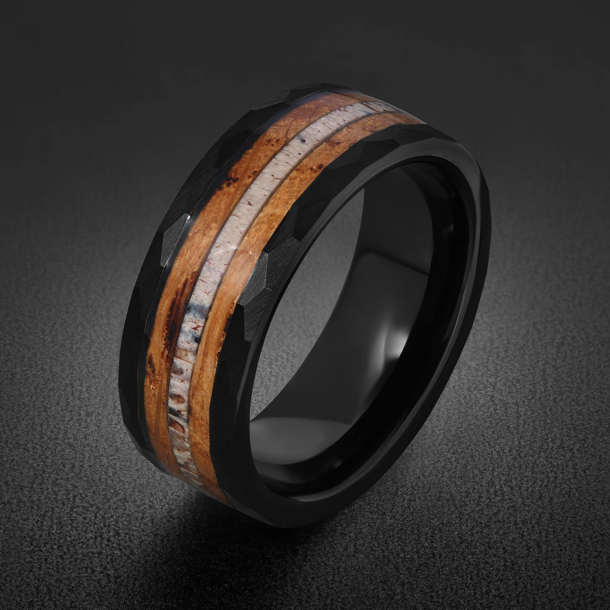 Charred whiskey barrel ring with antler, antler ring, hammered tungsten ring, hammered black ring, black tungsten ring, black