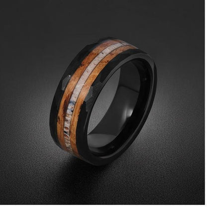 Charred whiskey barrel ring with antler, antler ring, hammered tungsten ring, hammered black ring, black tungsten ring, black